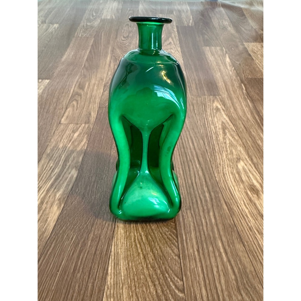 Vintage Emerald Green Pinch Dimple Blown Glass Decanter MCM Art Glass Vase